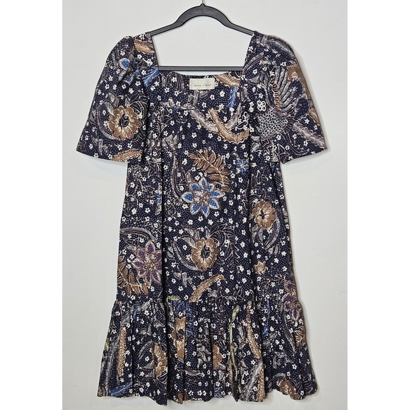Cara Cara Janie Drop Waist Mini Womens M Floral Print Cotton Square Neck Dress - Picture 1 of 6